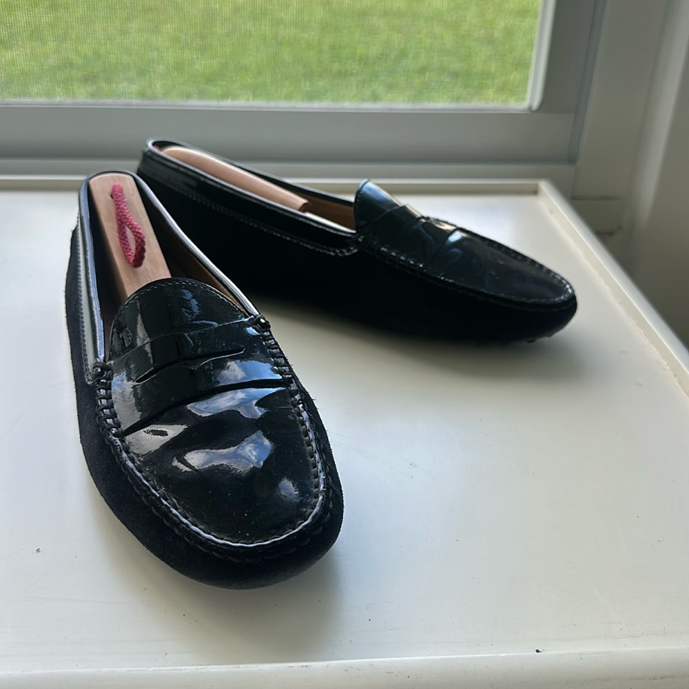 TOD’S loafers. Size 39 1/2. Black suede with black patent leather top/front.